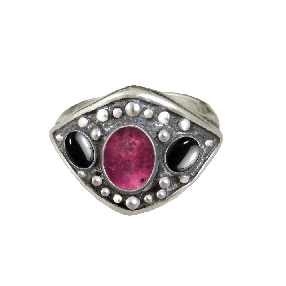 Sterling Silver Medieval Lady's Ring with Pink Tourmaline And Hematite Size 9